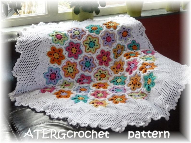 Crochet pattern hexagon flower plaid/afghan by ATERGcrochet image 1