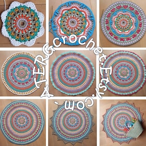 May include: A collection of nine crocheted mandala rugs in various colors and patterns. The rugs are displayed on a wooden floor. The rugs are all circular and have a central design. The rugs are all different sizes. The rugs are all made with different colors of yarn. The rugs are all very detailed and intricate.