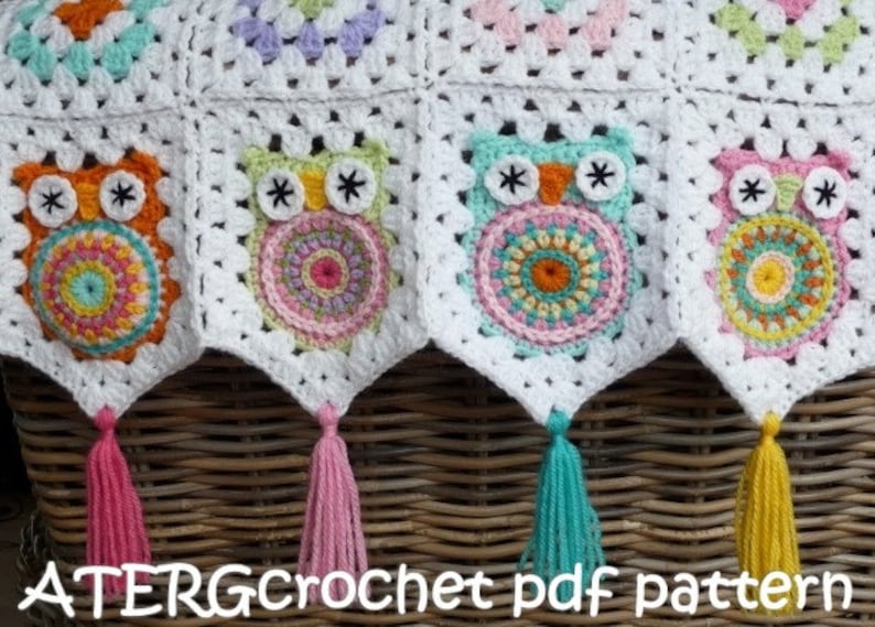 Crochet pattern owl granny square baby blanket by ATERGcrochet image 1