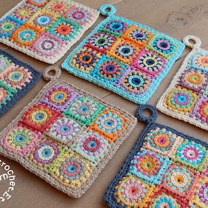 May include: Six crocheted pot holders in various colors including blue, green, orange, pink, red, and yellow. The pot holders are made of a square patchwork design with a circular pattern in the center of each square. The pot holders have a loop handle on one side. The pot holders are arranged in a row on a wooden surface. The text 'Easy Crochet Pattern' is visible in the lower left corner of the image.