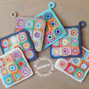 May include: Five crocheted pot holders with colorful squares and a loop for hanging. The pot holders are made in various colors including blue, green, orange, pink, yellow, and white. The pot holders are arranged in a semi-circle on a wooden surface. The text 'A TERG crochet pattern Etsy.com' is visible in the bottom center of the image.