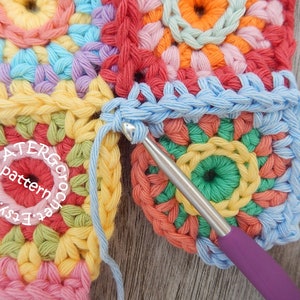 May include: A close-up of a crochet project with a blue crochet hook. The project is made of colorful yarn and has a circular pattern. The text 'ATERGcrochet pattern Easy.com' is visible in the image.