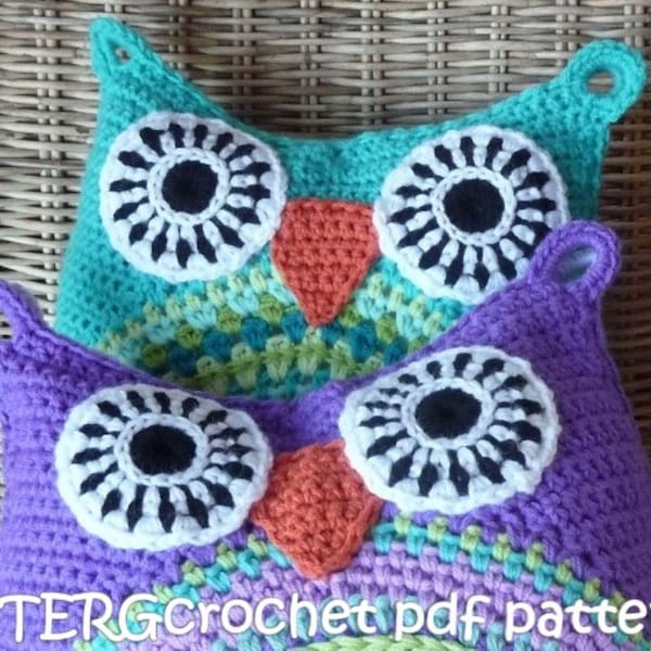 Patrón de ganchillo para cojín de búho con ojos texturizados, decoración para habitación infantil (descarga en PDF)