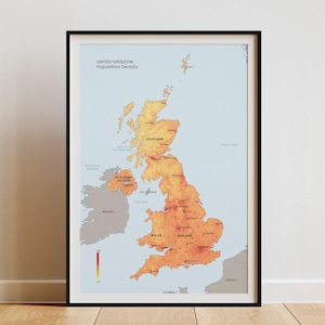 Mappa della densità di popolazione del Regno Unito stampabile / Arte murale sulla geografia umana del Regno Unito
