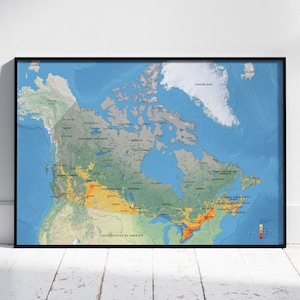 Mappa della densità di popolazione del Canada con rappresentazione del territorio, stampabile in formato A4, US Letter e altri formati.