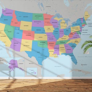 Mapa político dos EUA para imprimir com estados, capitais e principais cidades | Mapa de geografia educativo para parede