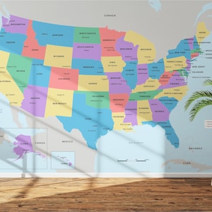 May include: A large, colorful map of the United States, with each state in a different color. The map is mounted on a wall, with a small plant in a white pot on a wooden stool in the foreground. The map includes the names of each state.