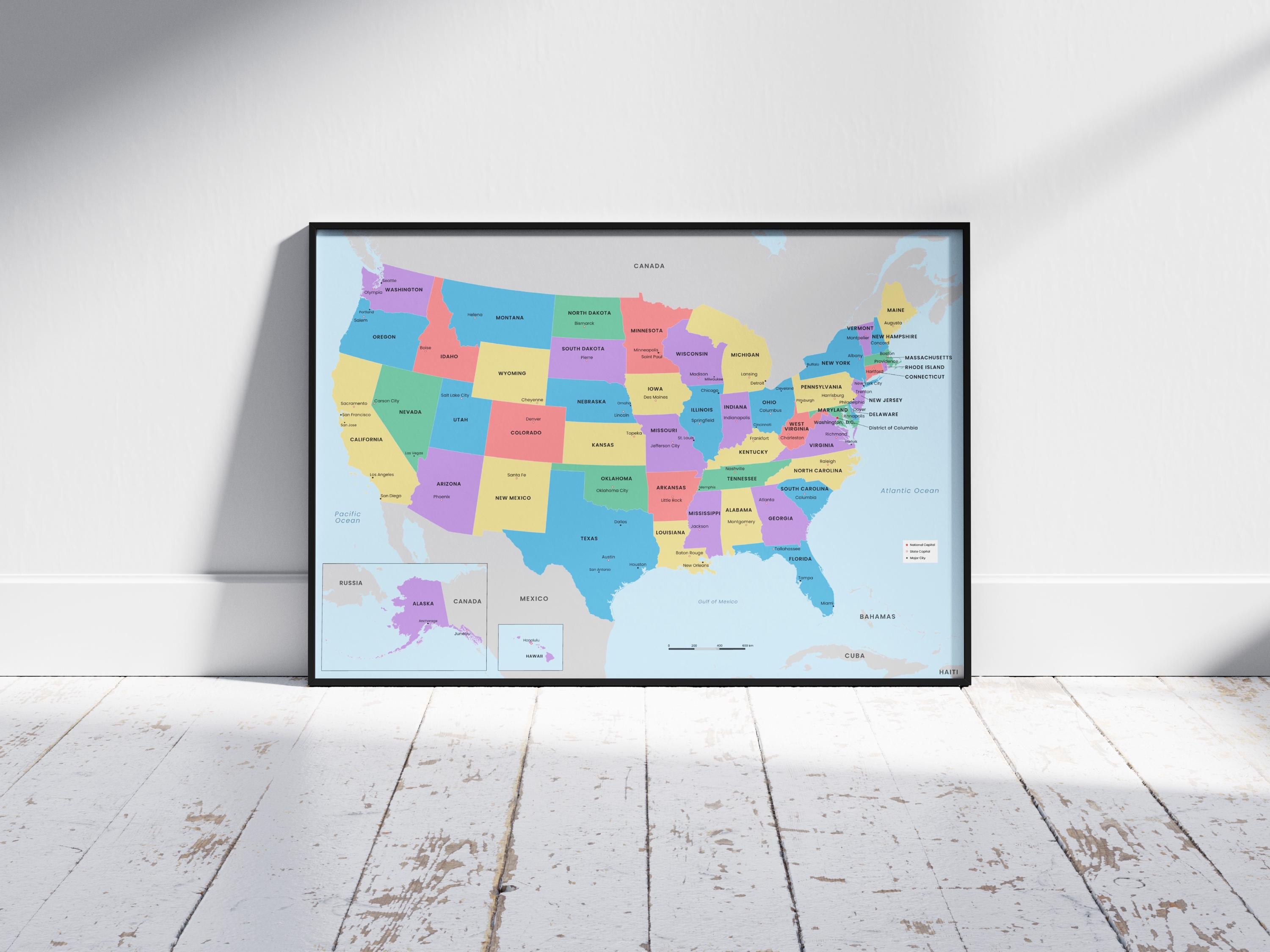 USA Political Map Printable, States, Capitals, Cities (multi-size PDF