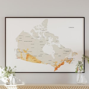 May include: A framed map of Canada in neutral tones. Provinces and territories are labelled in a dark font. The word "CANADA" is printed in the upper right corner. The map is framed in a dark brown frame. The map is a decorative item.