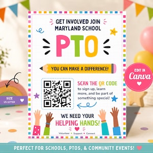 Puede incluir: Un folleto rectangular para una asociación de padres con un borde colorido, que presenta el texto GET INVOLVED JOIN MARYLAND SCHOOL PTO, un gráfico de lápiz amarillo con el texto YOU CAN MAKE A DIFFERENCE, un código QR y WE NEED YOUR HELPING HANDS.