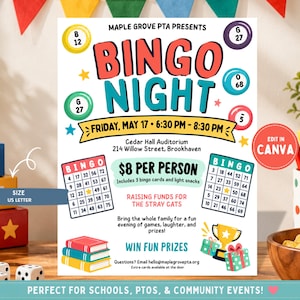 May include: A white flyer for a Bingo Night event featuring colorful bingo balls, two bingo cards, a stack of books, and a gold trophy. The text includes event details, date, time, location, and the phrase Edit in Canva.
