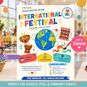 International Festival Flyer, Multicultural Night School Event, Editable Canva PTA PTO Around the World Template