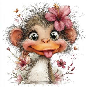 Peut inclure: Illustration fantaisiste d'un singe à l'expression espiègle. Le singe a de grands yeux expressifs, une langue rose tirée et est orné d'une grande fleur d'hibiscus rose et de petites fleurs roses. Des papillons et des éclaboussures de peinture ajoutent au design joyeux.