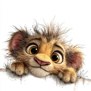 May include: A digital illustration of a lion cub with big, expressive eyes and a pink nose. The cub has messy, light brown fur and is peeking over a white surface, with a few blades of grass visible.