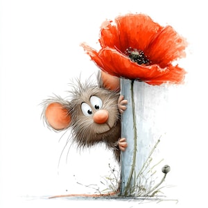 Op de afbeelding: Een grillige illustratie van een cartoonmuis die achter een witte paal vandaan gluurt, met een grote rode klaproosbloem. De muis heeft bruine vacht, grote oren en een rode neus. De klaproos heeft een donker centrum en een groene stengel.