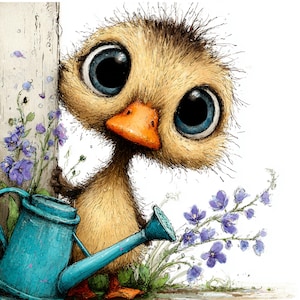Puede incluir: Ilustración caprichosa de un patito con grandes ojos azules y pico naranja, asomándose detrás de un poste de madera. El patito sostiene una regadera azul, rodeado de flores moradas y follaje verde. La obra tiene un estilo de acuarela suave.