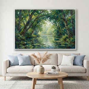Forest River Wall Art | Woodland Stream Painting | Nature Landscape Print | Green Forest Decor | Peaceful Lake Artwork