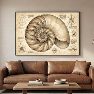 Könnte beinhalten: Ein rechteckiger Wandkunstdruck mit einer detaillierten, sepiafarbenen Illustration eines Nautilus-Schalenquerschnitts. Das Kunstwerk enthält verschiedene Kompassrosen-Diagramme und lateinisch anmutende Textanmerkungen um das zentrale Muschelbild.