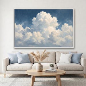 Cloud Wall Art | White Cumulus Cloud Painting | Blue Sky Canvas Print | Minimal Nature Artwork | Atmospheric Wall Decor