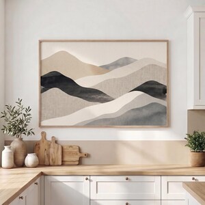 Neutral Abstract Landscape Wall Art | Beige Black Layered Mountains Canvas | Minimalist Japandi Modern Living Room Decor Print
