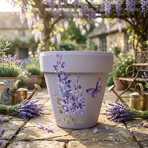 Puede incluir: Una maceta grande de color lila claro con un diseño pintado a mano de flores de lavanda y una mariposa. La maceta está rodeada de otras macetas con plantas, ramos de lavanda y pequeñas regaderas. La escena está ambientada al aire libre en un jardín.