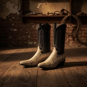 Puede incluir: Un par de botas de vaquero con un estampado de piel de serpiente en el pie y una caña negra con costuras decorativas. Las botas son de cuero y tienen una punta afilada y un tacón apilado. Se exhiben sobre un suelo de madera.