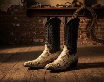 Men's Python Print Leather Cowboy Boots, Black Snakeskin Western Style.