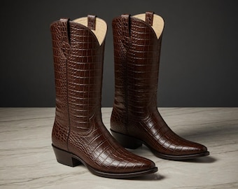 Botas vaqueras de piel de cocodrilo pura hechas a mano para hombre - Calzado exótico.