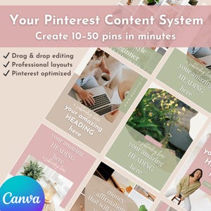 Puede incluir: Gr&aacute;fico de marketing digital con el texto "Your Pinterest Content System" y "Create 10-50 pins in minutes". La imagen presenta una cuadr&iacute;cula de dise&ntilde;os estilo Pinterest con el logotipo de Canva.