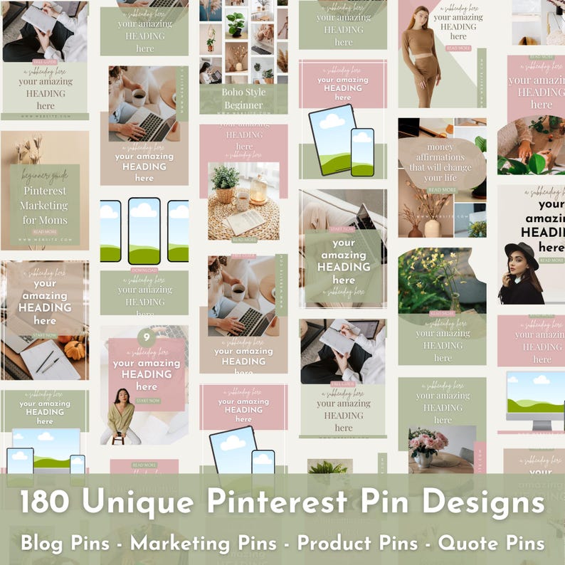 Puede incluir: Una colecci&oacute;n de 180 dise&ntilde;os &uacute;nicos de pines de Pinterest. Los dise&ntilde;os son para publicaciones de blog, marketing, promoci&oacute;n de productos y citas. Cada pin presenta una combinaci&oacute;n de colores pastel con el texto "your amazing HEADING here."