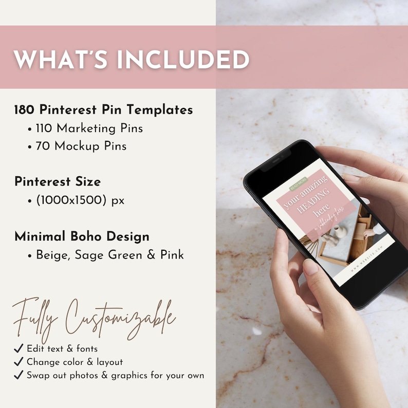 Puede incluir: Un tel&eacute;fono inteligente muestra una plantilla de pin de Pinterest con el texto "your amazing HEADING here". La imagen detalla 180 plantillas de pines de Pinterest, un dise&ntilde;o boho minimalista y funciones totalmente personalizables.