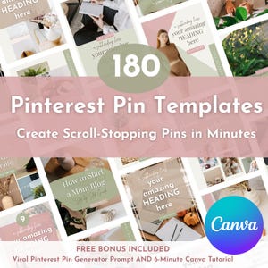 Könnte beinhalten: Werbebild für Pinterest-Pin-Vorlagen. Das Bild zeigt eine Sammlung von Vorlagen mit dem Text "180 Pinterest Pin Templates" und "Create Scroll-Stopping Pins in Minutes". Das Canva-Logo ist sichtbar.