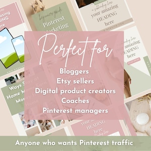 Puede incluir: Imagen promocional con gu&iacute;as y plantillas de marketing de Pinterest. Se muestra el texto "Perfect For", seguido de "Bloggers, Etsy sellers, Digital product creators, Coaches, Pinterest managers." Tambi&eacute;n est&aacute; presente el texto "Anyone who wants Pinterest traffic."