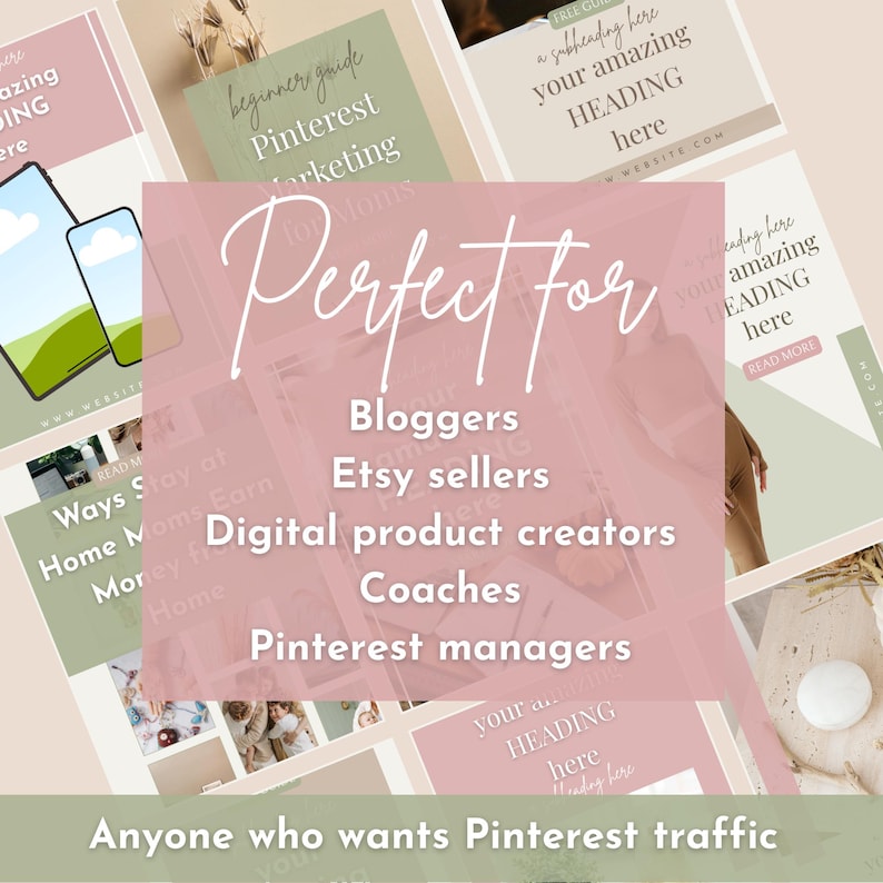 Puede incluir: Imagen promocional con gu&iacute;as y plantillas de marketing de Pinterest. Se muestra el texto "Perfect For", seguido de "Bloggers, Etsy sellers, Digital product creators, Coaches, Pinterest managers." Tambi&eacute;n est&aacute; presente el texto "Anyone who wants Pinterest traffic."