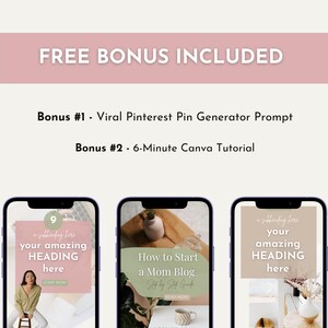 Puede incluir: Imagen con tres smartphones que muestran contenido digital. El texto en la parte superior dice "FREE BONUS INCLUDED." Debajo, el texto enumera una indicaci&oacute;n de Pinterest y un tutorial de Canva. Las pantallas de los tel&eacute;fonos muestran contenido de blog y redes sociales.