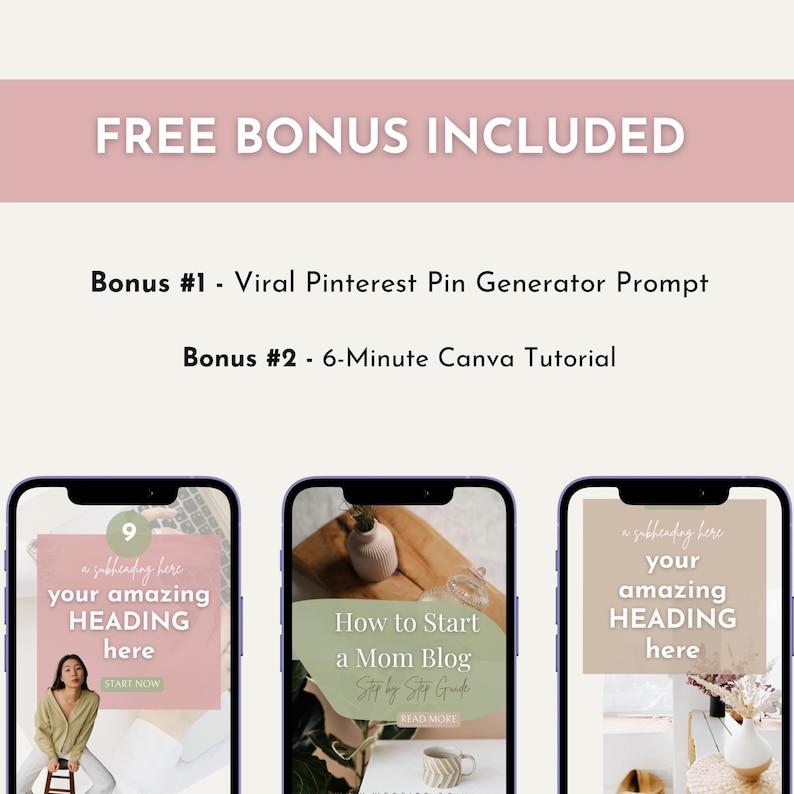 Puede incluir: Imagen con tres smartphones que muestran contenido digital. El texto en la parte superior dice "FREE BONUS INCLUDED." Debajo, el texto enumera una indicaci&oacute;n de Pinterest y un tutorial de Canva. Las pantallas de los tel&eacute;fonos muestran contenido de blog y redes sociales.