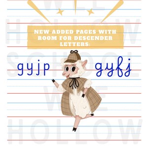 May include: A practice writing sheet with blue and red horizontal lines featuring a cartoon sheep dressed in a tan plaid detective cape and hat. The text reads NEW ADDED PAGES WITH ROOM FOR DESCENDER LETTERS: followed by the blue cursive letters gyjp and gyfj.