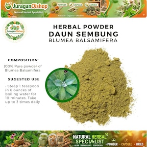 Pode incluir: Um monte de pó de ervas marrom claro, rotulado como "HERBAL POWDER DAUN SEMBUNG BLUMEA BALSAMIFERA". A imagem inclui uma inserção circular de folhas verdes e texto indicando que o pó é 100% puro Blumea Balsamifera.