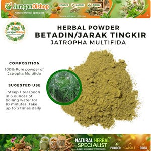 Peut inclure: Image de poudre de plante étiquetée "BETADIN/JARAK TINGKIR JATROPHA MULTIFIDA." La poudre est de couleur brun clair et est accompagnée d'un texte décrivant sa composition et son utilisation suggérée. L'image comprend également un graphique circulaire vert d'une plante.