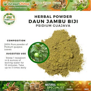 May include: A close-up of a pile of herbal powder, with the text "HERBAL POWDER DAUN JAMBU BIJI PSIDIUM GUAJAVA." The powder is a light green colour. The image also includes text about the composition and suggested use of the powder.