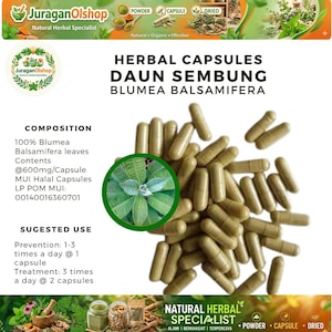 Peut inclure: Image de gélules à base de plantes, étiquetées "Herbal Capsules Daun Sembung Blumea Balsamifera". Les gélules sont de couleur marron clair et sont dispersées. L'image comprend également du texte sur la composition et l'utilisation suggérée.