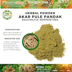 May include: Image of herbal powder Akar Pule Pandak (Rauvolfia Serpentina). The image shows a pile of green powder with a circular inset of the dried root. Text on the image includes the product name, composition, and suggested use.