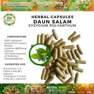 Può includere: Immagine di capsule a base di erbe con l'etichetta "Daun Salam Syzygium Polyanthum". Le capsule sono di colore verde chiaro. L'immagine include testo che descrive la composizione e l'uso suggerito delle capsule. Le capsule sono sparse.