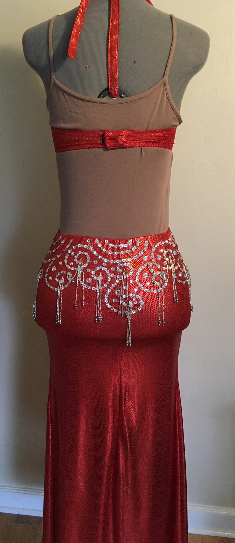 Red Cabaret Belly dance Costume with sequins and beaded fringe Etsy
