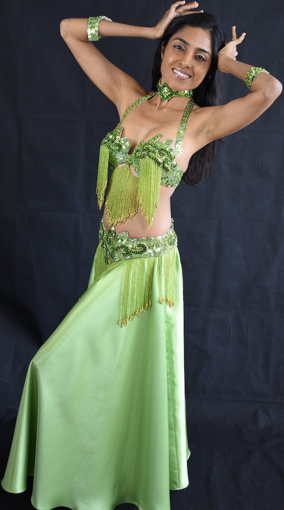 Professional Designer Belly Dance Costume Green Sequin & Beaded