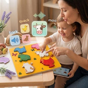 Könnte beinhalten: Ein gelbes Holzpuzzle mit Tierformen und Tonsymbolen. Das Puzzle enthält einen Hund, eine Katze, einen Frosch, eine Kuh, ein Schwein und ein Huhn. Die Wörter "bark", "meow", "quack" und "moo" werden angezeigt. Ein Kind und ein Erwachsener interagieren mit dem Puzzle.