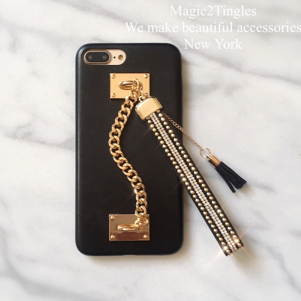 Glamorous Stylish Gold Metal Chain Black Studs Bling Strap Tassel Wristlet Wrist Lanyard Vegan Leather Hook Rings Cover Case For All iPhone