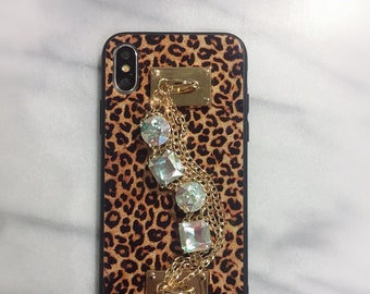 Classic Rainbow Effect Rhinestone Crystal Wristlet Wrist Multi Gold Chain Leopard Cheetah Print Case For All iPhone Xs Max