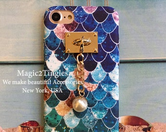 Ocean Goddess Mermaid Scales Pattern Shell Case + Personalized Jewelry Charm Jewelry Pearl Tassel Moon Star Spike Gem For iPhone 7 /8 PLUS