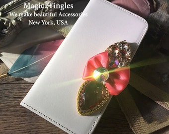 Victorian Elegant Classic Iridescent Beautiful Design Colorful Rhinestones Crystal Bow Leather ID Card Wallet Case For iPhone X XS